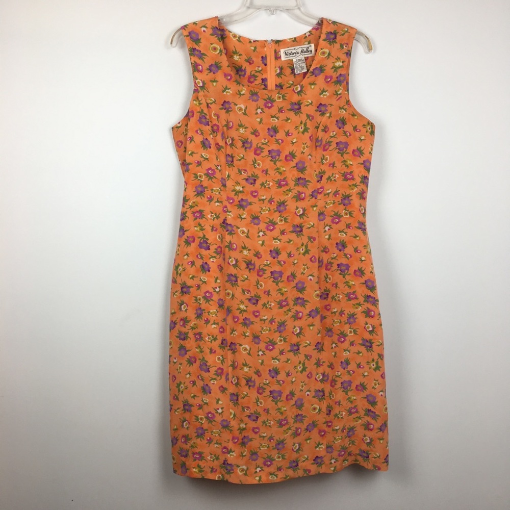 VTG Victoria Holley Floral Sheath Dress Sz 12 Orange Silk Scoop Neck Sleeveless